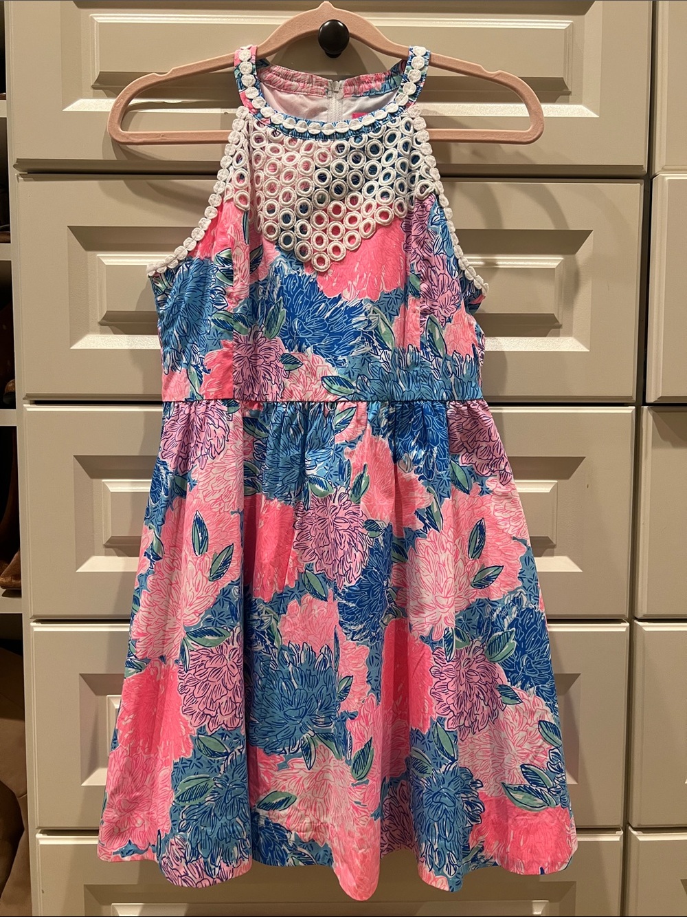 Lilly Pulitzer Pink & Blue Floral Halter Dress with Eyelet Yoke